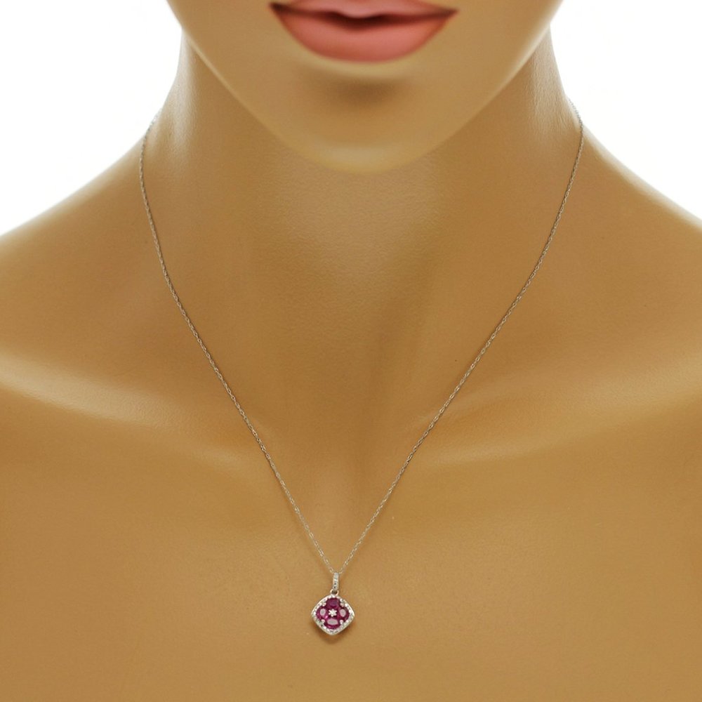 1.20 CT Natural Ruby 0.15CT Diamond 14K White Gold Pendant Necklace Size 18"